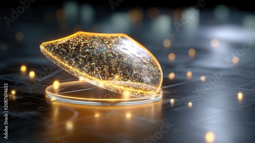 Glowing Shield with Sparkles and Light Reflections on a Futuristic Background for Digital Protection Concepts