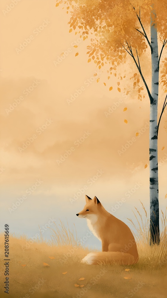 Fototapeta premium Autumn fox by birch tree in golden light