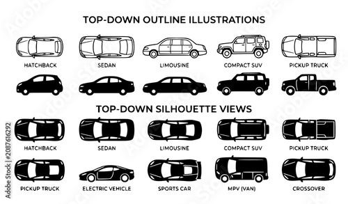Photos Modern Top View Car Silhouette Vector Set with Outline Sedans SUVs Pickup Trucks