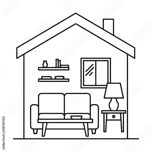 Minimalist house interior icon with bookshelves and sofa representing cozy living area design for architectural and lifestyle web content
