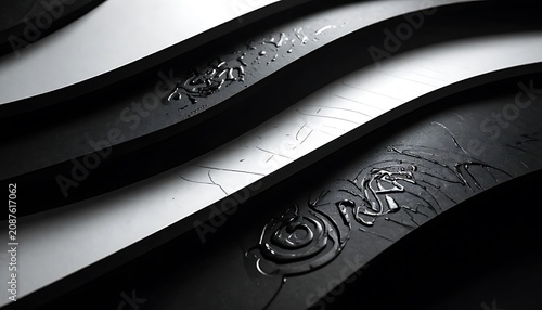 Abstract dark wavy surfaces with embossed intricate patterns and subtle texture, close up industrial design elements, sophisticated modern aesthetic