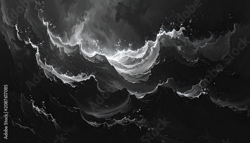 Abstract dark turbulent energy surge with bright glowing particles and wisps, dynamic motion background, digital art.