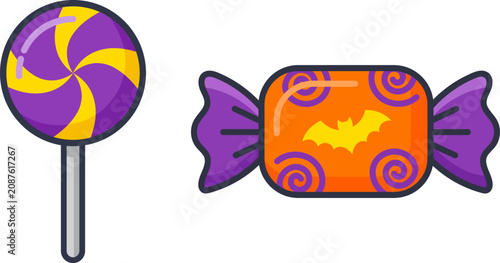 Tableau sur toile Cute Halloween candy vector illustration set with purple swirl lollipop and wrap