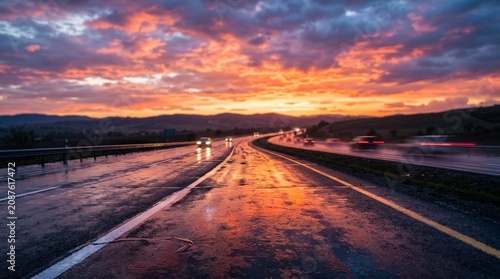 Rain-soaked highway reflecting a dramatic vibrant sunset with blurred traffic