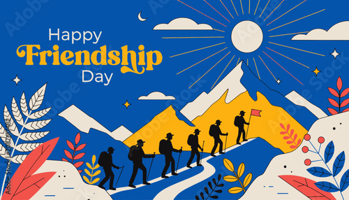 Happy Friendship Day hikers climb mountain in vibrant flat vector art illustration
