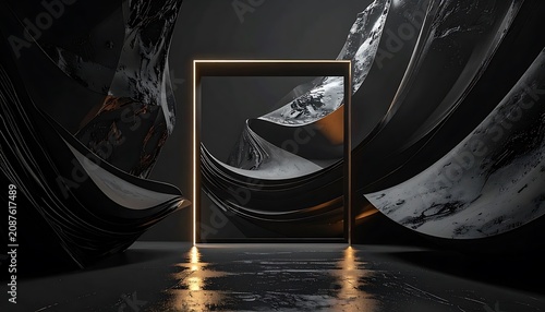 Abstract digital art with a glowing neon frame around a pixelated mountain landscape, surrounded by swirling dark metallic textures, futuristic concept