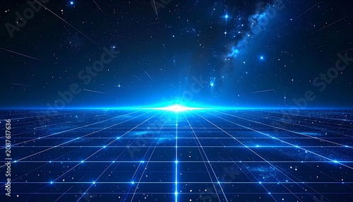 Abstract digital landscape with glowing blue grid and starry nebula, representing data flow, technology, and space exploration