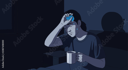 Illustration Of A Person Suffering From Fever In A Dark Room With A Mug In Hand