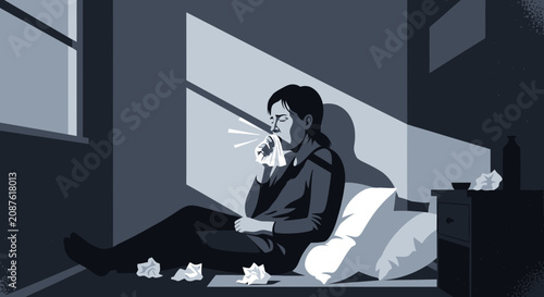 Illustration Of A Person Suffering From Illness In A Bedroom During Downtime Illustration