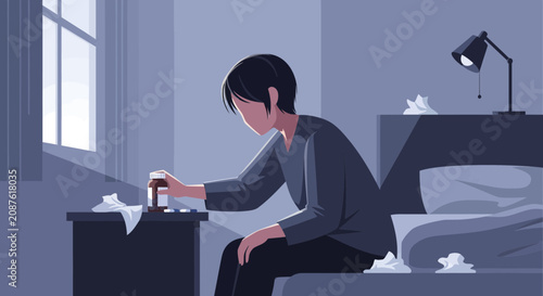 Illustration Of A Person Suffering From Fatigue And Considering Medication At Night