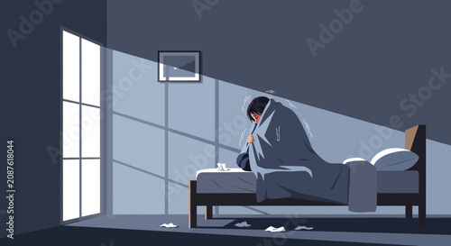 Illustration Of A Person Suffering From Illness Wrapped In Blanket On Bed
