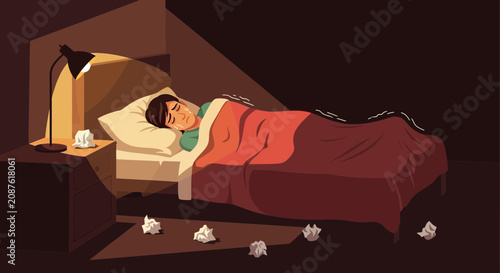 Illustration Of A Person Suffering From Insomnia And Anxiety In A Dark Bedroom