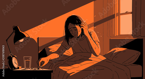 Illustration Of A Person Suffering From Insomnia Taking Medicine In The Morning Hours