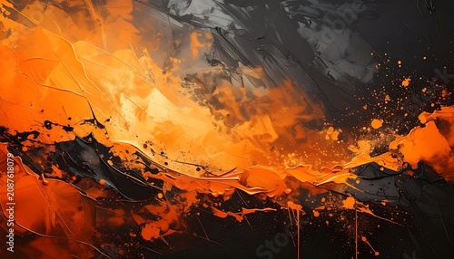 Abstract explosion of orange and black paint splatters with glowing dots, dynamic energetic texture, chaotic movement, background for digital art