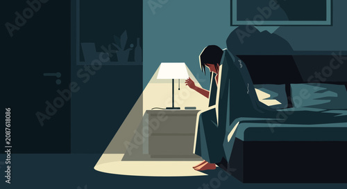 Illustration Of A Person Suffering From Insomnia, Illuminated By A Lamp