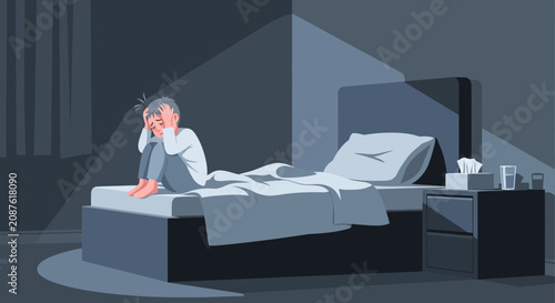 Illustration Of A Person Suffering From Insomnia, Sleeplessness, And Mental Distress