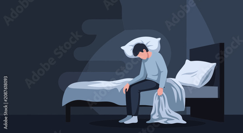 Illustration Of A Person Suffering From Insomnia, Sleeplessness And Stress At Night