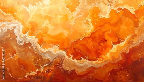 abstract fiery orange and yellow fluid art with shimmering white edges, evoking warmth and energy, suitable for backgrounds and design elements