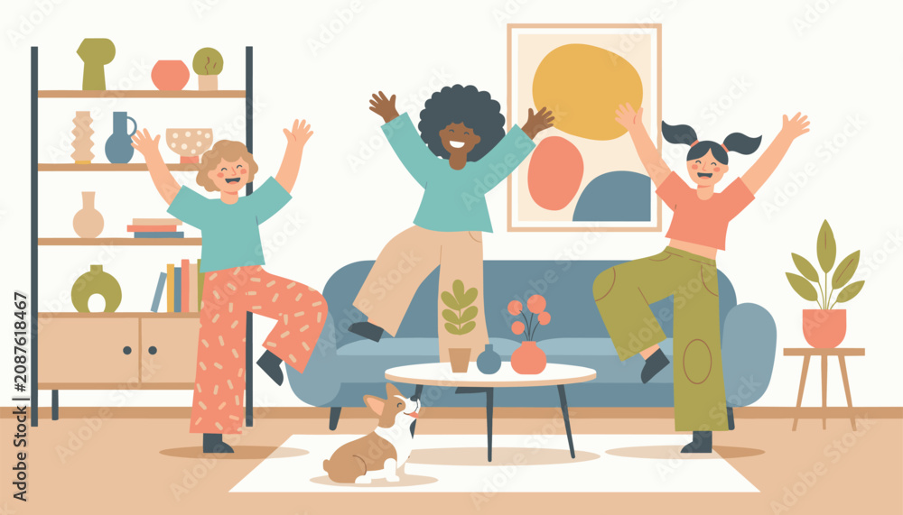 Fototapeta premium Diverse group of young girls dances and jumps happily in a cozy living room with their cute pet corgi watching them.