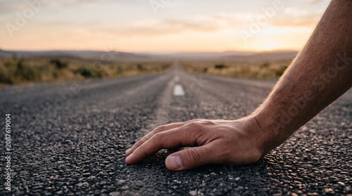 Close-up of a hand resting on an empty asphalt road stretching toward the horizon at sunset