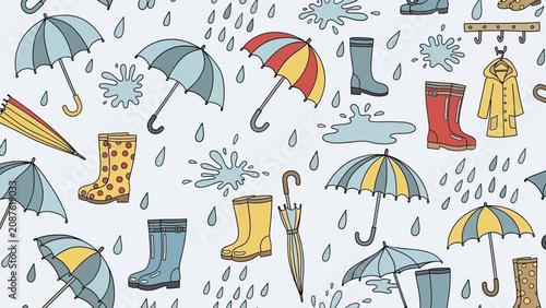 Foto Rainy Day Essentials Seamless Pattern with Umbrellas and Rain Boots