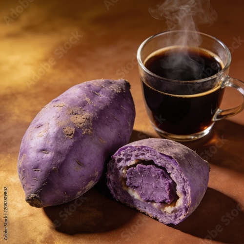 A whole raw purple sweet potato (Ipomoea batatas) sits beside a freshly cut purple sweet potato bread roll, showcasing its vibrant interior.  A steaming glass of black coffee is placed nearby.