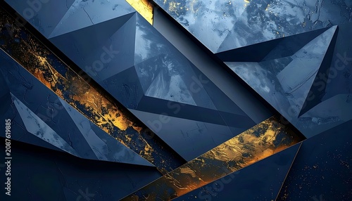 Abstract geometric background with dark blue facets and glittering gold particles, modern digital design, elegant luxury backdrop