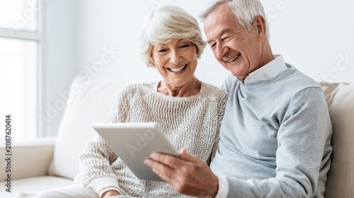 Smiling senior couple browsing tablet on sofa, enjoying shared digital communication and relaxed home connection in later life
