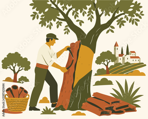 Farmer harvesting cork from a tree in a rural landscape illustration.