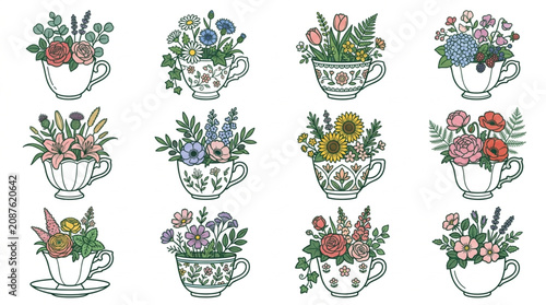 Bilde på lerret Colorful floral bouquets in vintage teacups illustration.
