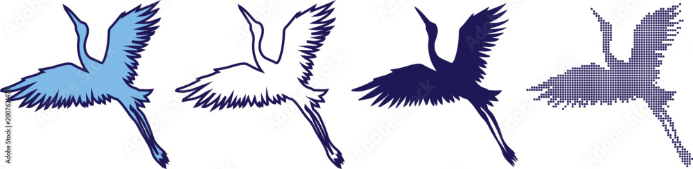 Fototapeta premium Crane bird vector set four winged illustrations for graphic design and digital art projects