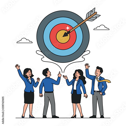 Business team celebrating hitting the target and achieving success, flat vector modern illustration.
