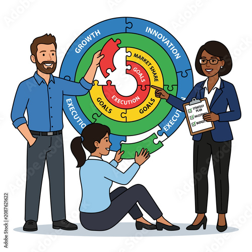Business team collaborating on strategy puzzle to achieve goals, flat vector modern illustration.