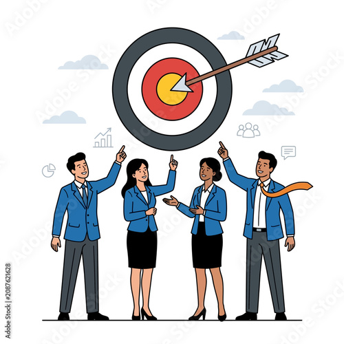 Business team celebrating hitting target and company goals together, flat vector modern illustration