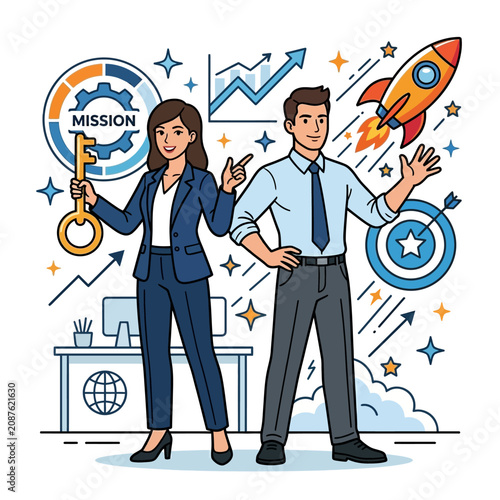 Business team driving growth with rocket launch and target success, flat vector modern illustration.