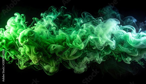 Abstract luminous green and blue smoke or ink cloud swirling in darkness, glowing particles, dynamic fluid motion, ethereal and vibrant