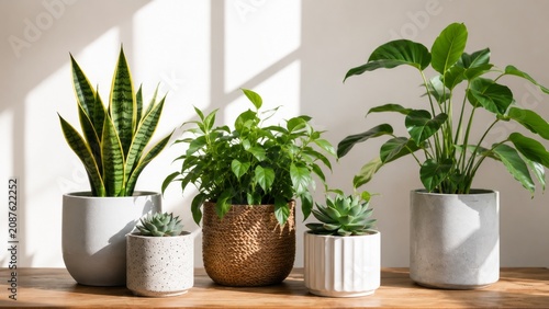 Minimalist Indoor Houseplants in Modern Pots with Natural Sunlight