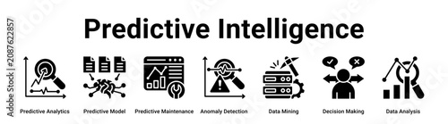 Konstfotografi Predictive Intelligence web banner icon vector illustration concept for technology with icon of Predictive Analytics, Predictive Model, Predictive Maintenance, Anomaly Detection, Data Mining,