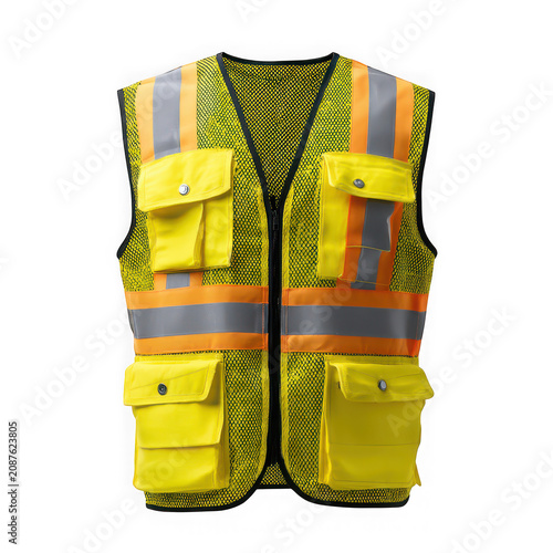 Bright yellow reflective safety vest with stripes