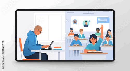 A tablet device displaying a digital classroom scene with a teacher and students interacting during a remote learning session.