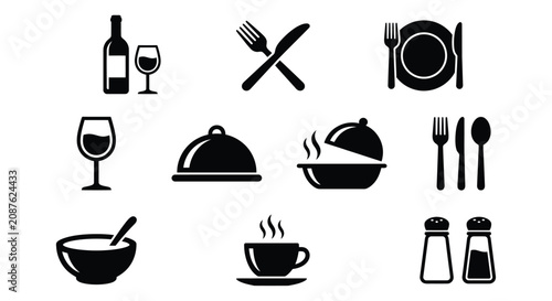 Bild auf Leinwand Cutlery And Drinkware Icons Black Silhouette On White Background flatware silver