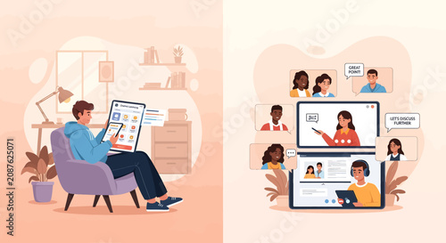 People participating in virtual online meeting and digital classroom learning.