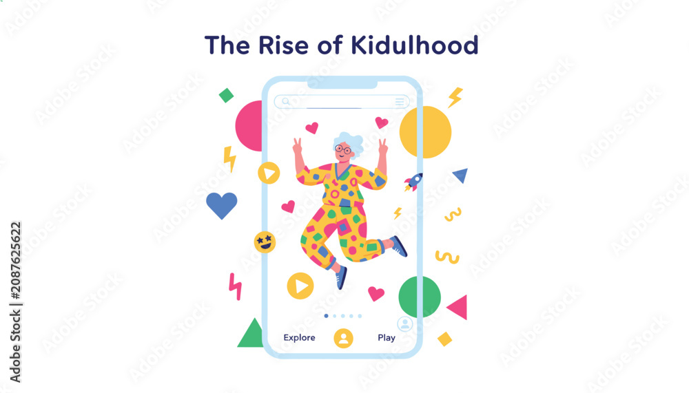 Fototapeta premium Modern mobile phone interface showing energetic elderly woman in colorful pajamas celebrating kidulhood lifestyle.