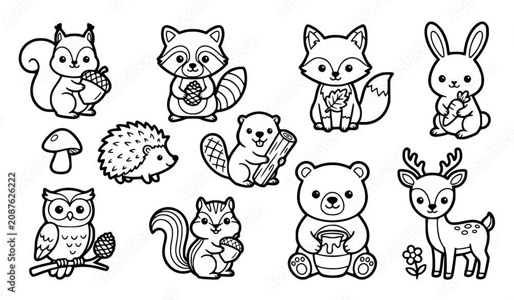 Obraz premium Cute Woodland Animal Collection with Squirrel Fox Rabbit Bear Deer and Owl Cartoon Illustration