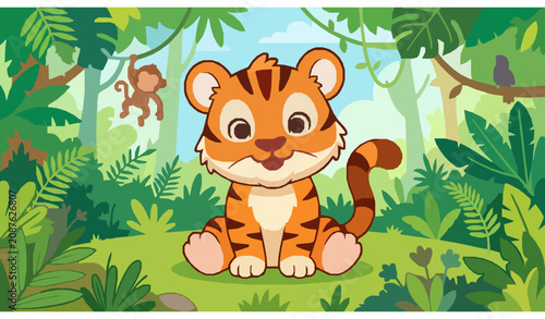 Canvas Print Cute Baby Tiger Sitting in Tropical Jungle Cartoon Animal Vector Illustration fo