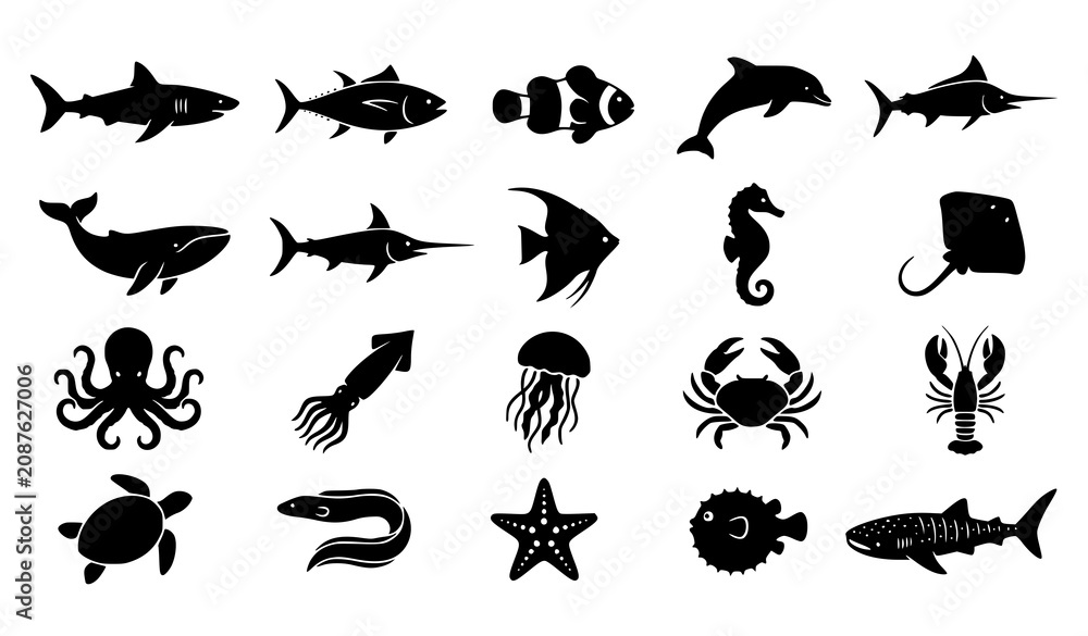 Obraz premium Marine Life Silhouette Collection with Fish Shark Dolphin Octopus Crab and Sea Creatures Vector