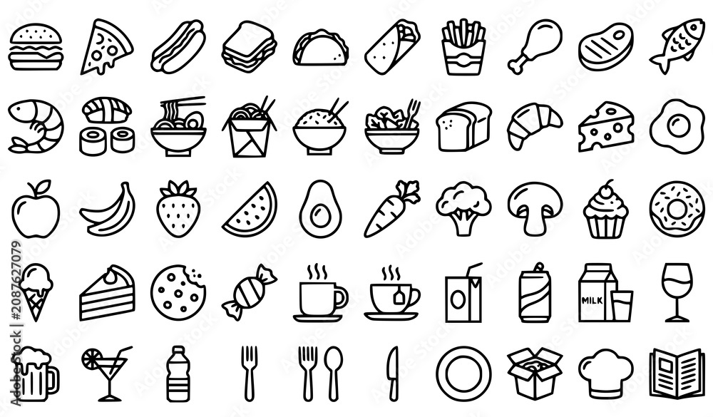 Naklejka premium Food and Beverage Icon Collection with Snacks Desserts Drinks and Kitchen Symbols Vector