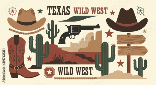 Konstfotografi Texas Wild West Cowboy Boots Hat and Gun Collection.