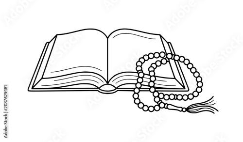 Fotografie Open Holy Book with Prayer Beads Line Art Symbol of Faith, Worship and Spiritual