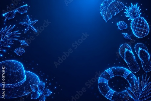 Blue glowing digital summer vacation elements border frame with vacation tropical particle abstract pineapple starfish technology illustration background wireframe creative template